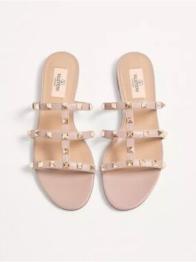 Valentino Pale Pink Rockstud Triple-Strap Slide Sandals